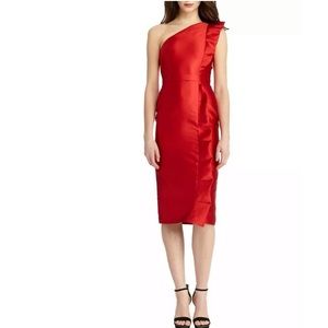 NWT Monique Lhuillier Ruffle Midi Dress, Red 10